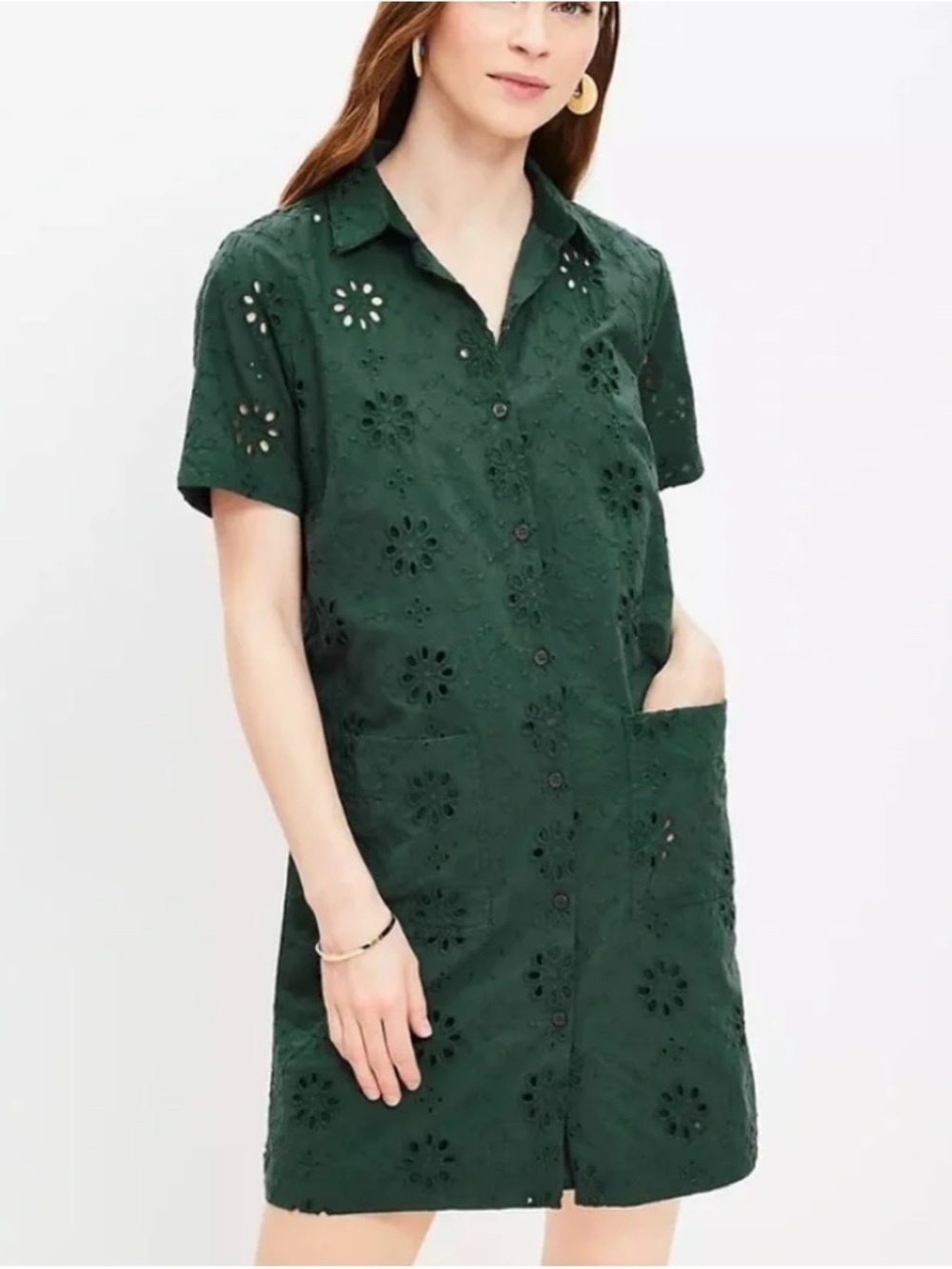 LOFT Eyelet Button-Front Cotton Shirt Dress